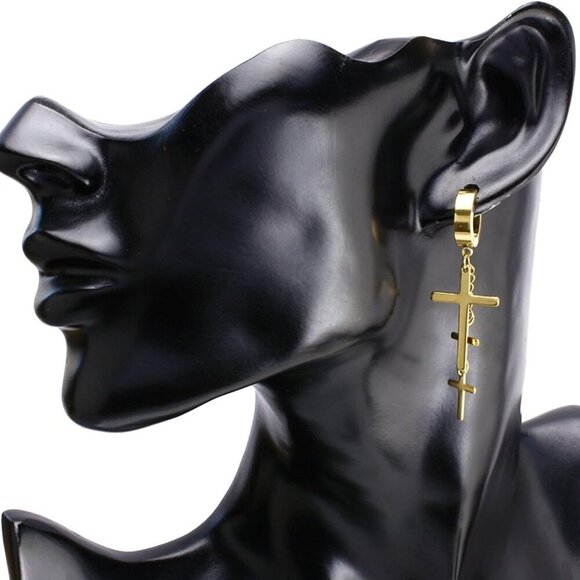 Contemporary Cross Tassel Hoop Earrings in Durable Stainless Steel - 2 Pairs - Picture 5 of 7